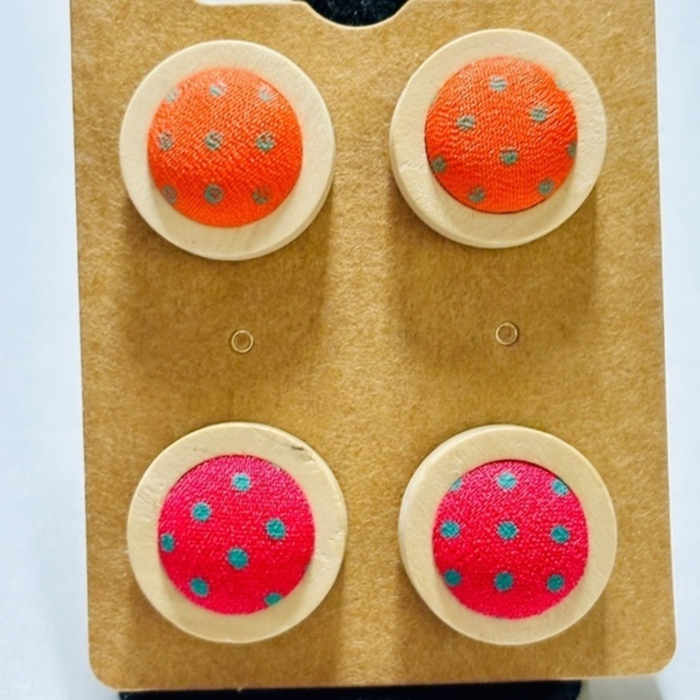2 Pairs Polka Dot Fabric Button Wood Stud Earrings, NWT, Unworn, Handmade